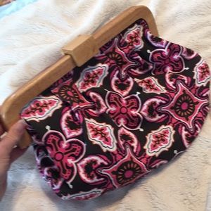 Old Navy paisley larger clutch w wood trim EUC
